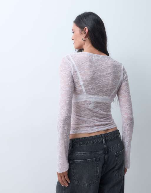 Monki lace square neck long sleeve top in lilac exclusive to ASOS, 4 of 9