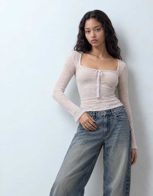 Monki lace square neck long sleeve top in lilac exclusive to ASOS, 8 of 9