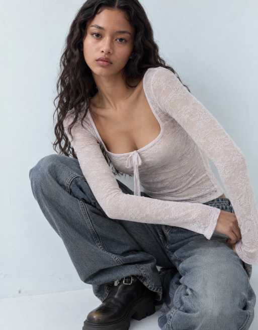 Monki lace square neck long sleeve top in lilac exclusive to ASOS, 9 of 9