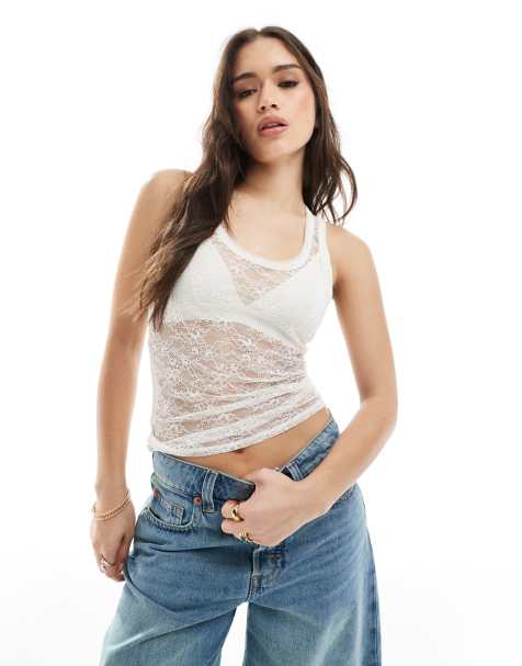 Monki lace tank top with racer back in white - view 1