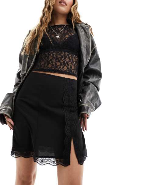 Monki lace trim mini skirt with thigh split in black - view 1