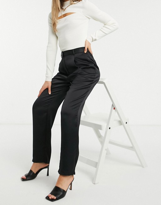 Monki Lainey co-ord high waist satin trouser in black