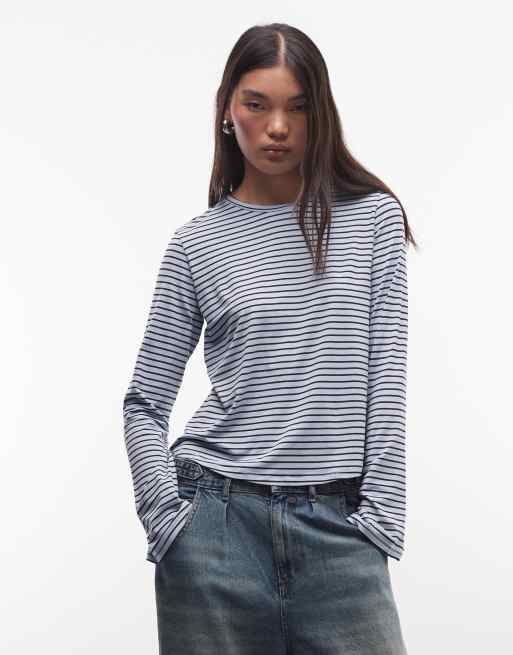 Monki lang jersey-top med trompetærmer i burgundy og blå stribe, 4 af 4