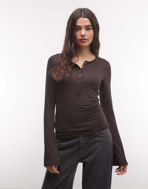 Monki långärmad henley-topp i chokladbrun - view 1