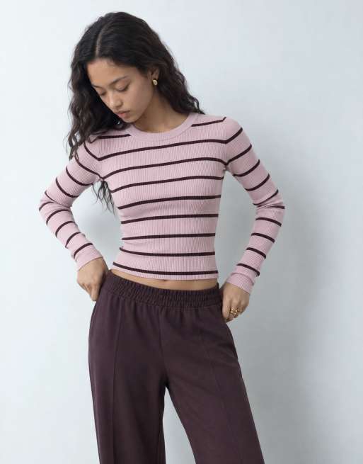 Monki långärmad ribbad topp med rosa ränder, 10 av 10