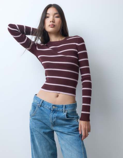 Monki långärmad ribbstickad topp i burgundy-randigt - view 1