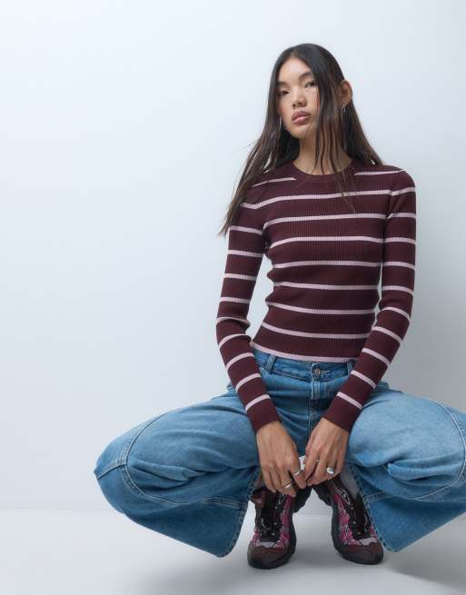 Monki långärmad ribbstickad topp i burgundy-randigt, 5 av 10