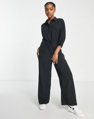 Monki long sleeve jumpsuit with collar in black - ASOS Price Checker