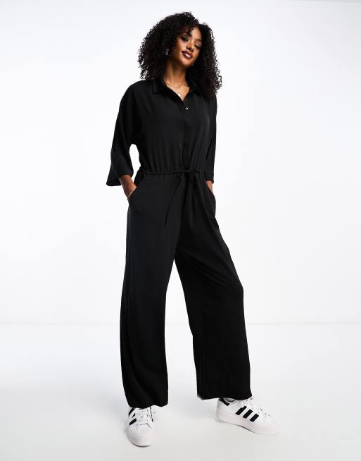 Monki Langarmliger Jumpsuit in Schwarz mit Kragen ASOS