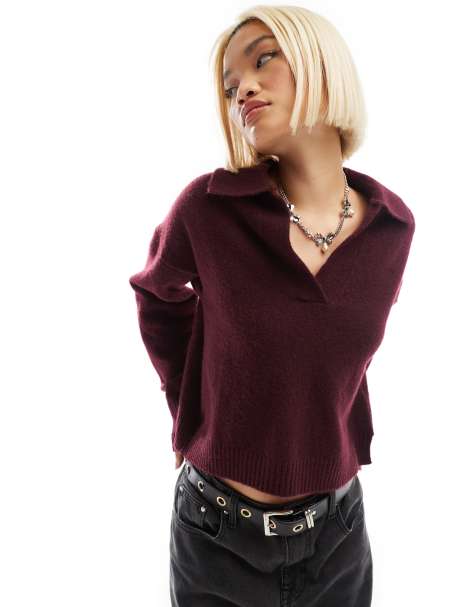 Monki – Langärmliger Strickpullover in Burgunderrot mit Kragen - view 1