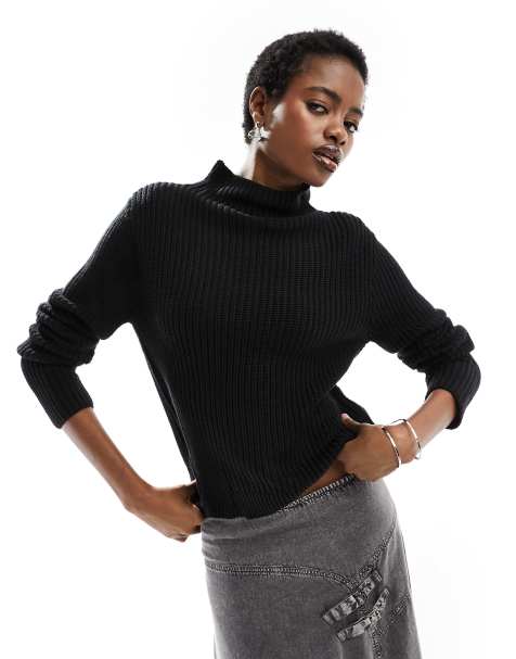 Monki – Langärmliger Strickpullover in Schwarz mit Stehkragen - view 1