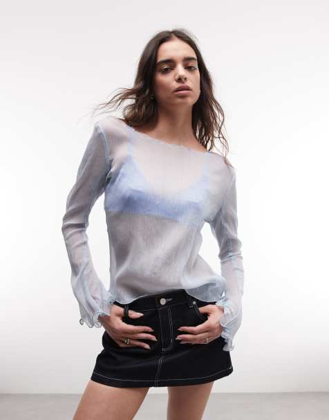 Monki – Langärmliges, fließendes Oberteil in transparentem Hellblau - view 1