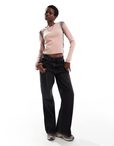 Monki – Langärmliges, geripptes Oberteil aus Jersey mit rosa-grauem Spray-Muster - view 1