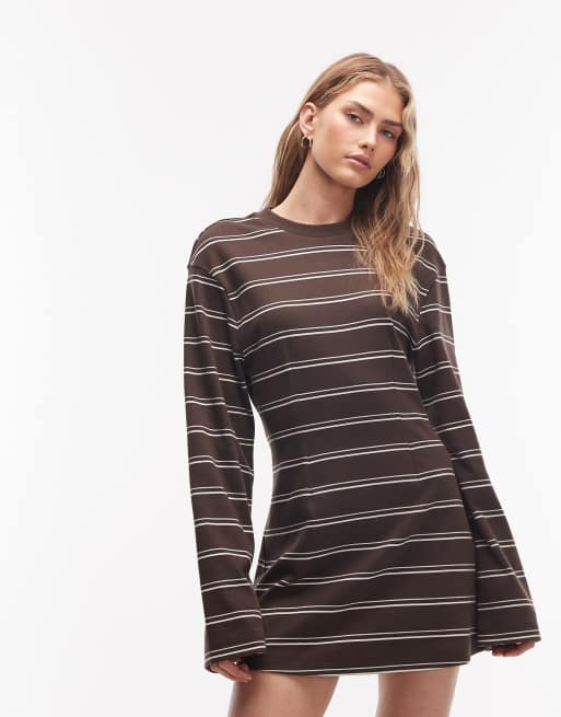 Monki – Langärmliges, gestreiftes Minikleid in Schokobraun mit geraffter Taille, 2 von 4