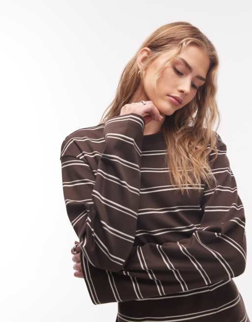Monki – Langärmliges, gestreiftes Minikleid in Schokobraun mit geraffter Taille, 3 von 4