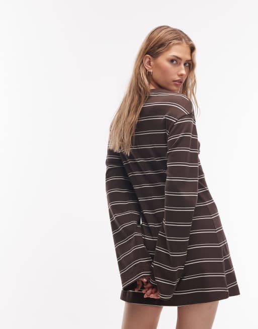 Monki – Langärmliges, gestreiftes Minikleid in Schokobraun mit geraffter Taille, 4 von 4