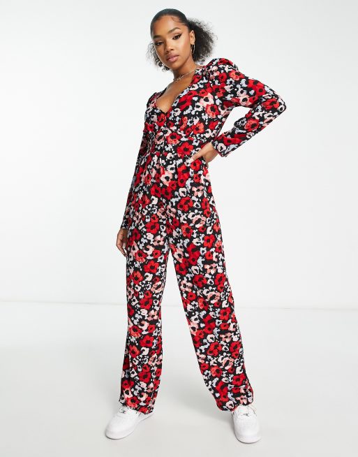 Monki – Langärmliges Jumpsuit in Rot mit durchgängigem Print 
