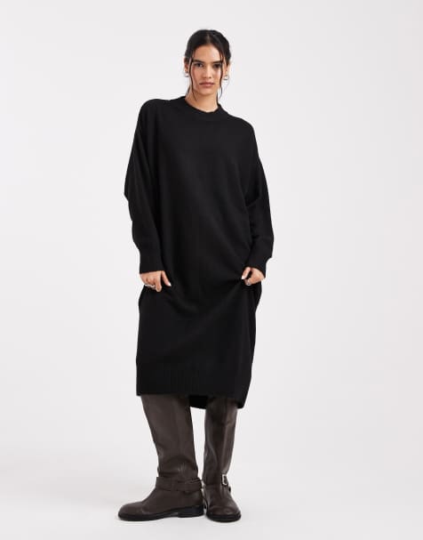 Monki – Langärmliges Midi-Pulloverkleid aus Strick in Schwarz - view 1