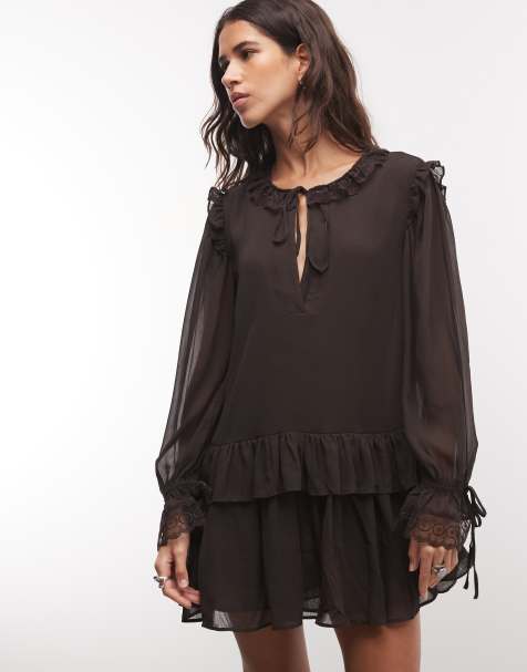 Monki langärmliges Mini-Kleid mit Rüschen in Dunkelbraun - view 1