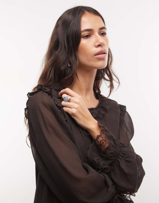 Monki langärmliges Mini-Kleid mit Rüschen in Dunkelbraun, 3 von 4
