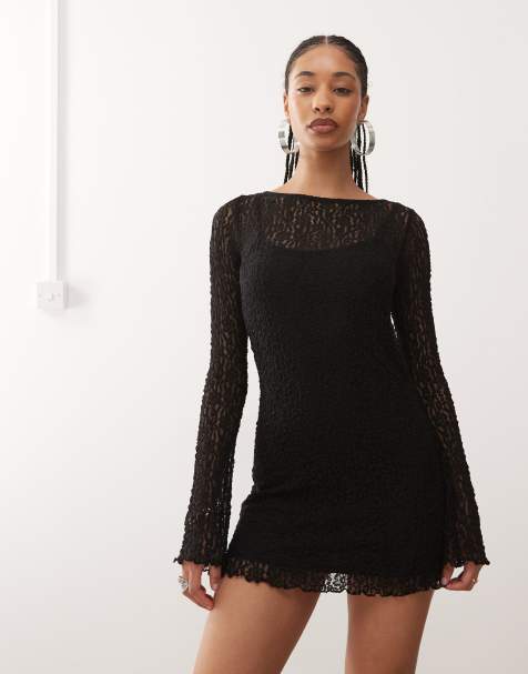 Monki – Langärmliges Minikleid aus Spitze in Schwarz - view 1