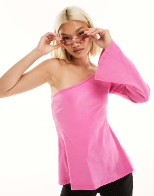 Monki - Langärmliges Oberteil in Rosa mit One-Shoulder-Träger im Stil der 90er