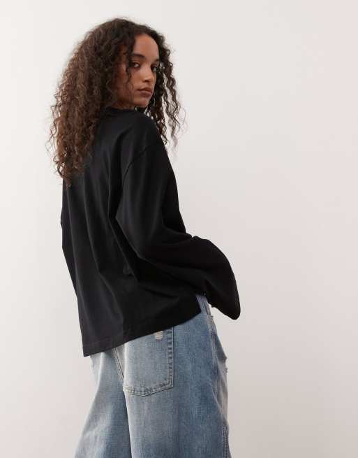 Monki oversized long sleeve t-shirt with side slits in black