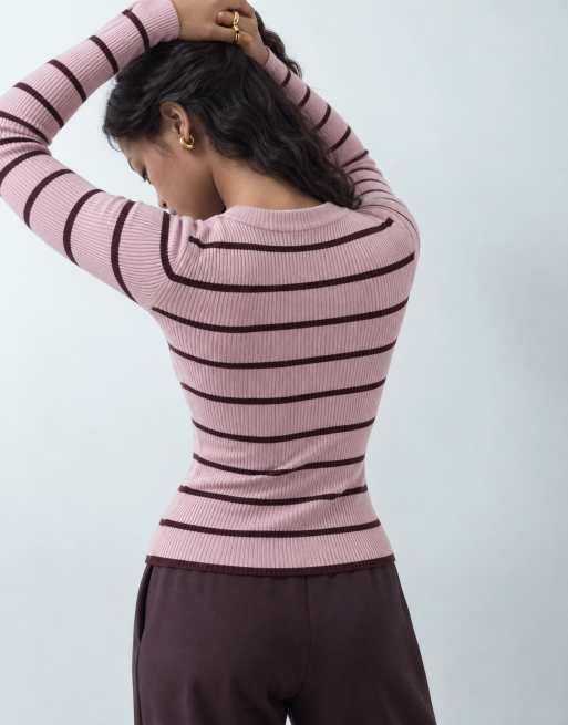 Monki langärmliges Rippstrickoberteil mit rosa Streifen, 9 von 10