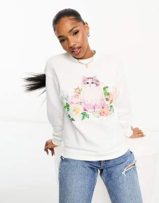 Monki - Langärmliges Sweatshirt in Weiß mit Blumen-Kätzchen-Print und Rundhalsausschnitt