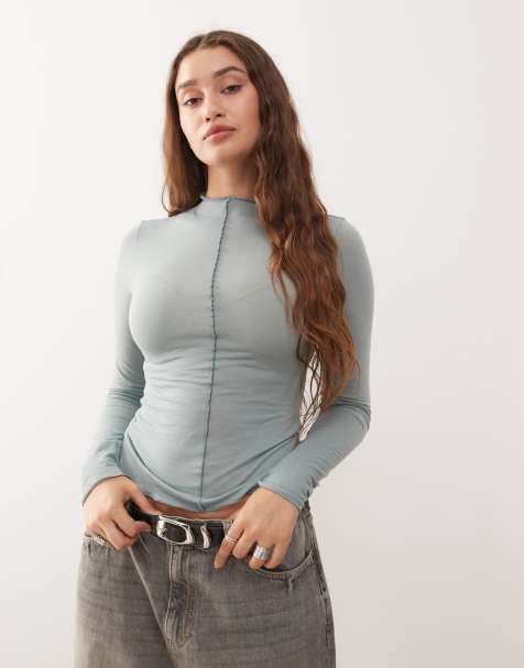 Monki – Langärmliges, transparentes T-Shirt in Salbeigrün mit Nahtdetail vorne - view 1