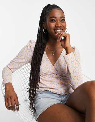 Monki long sleeve wrap top in lilac ditsy floral - ASOS Price Checker
