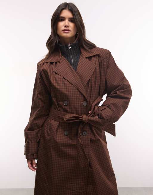 Monki lange trenchcoat met bruine ruit, 3 van 4