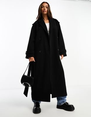 Monki - Langer Trenchcoat in Schwarz mit Bindegürtel