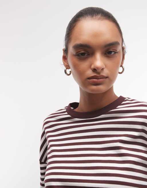 Monki langærmet boxy T-shirt med vinrød stribe, 2 af 4