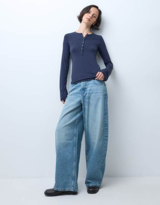 Monki langærmet Henley-top i mørk navy, 2 af 5