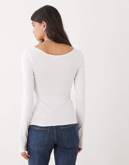 Monki - Langærmet hvid T-shirt i slim fit med dyb rund hals, 3 af 4