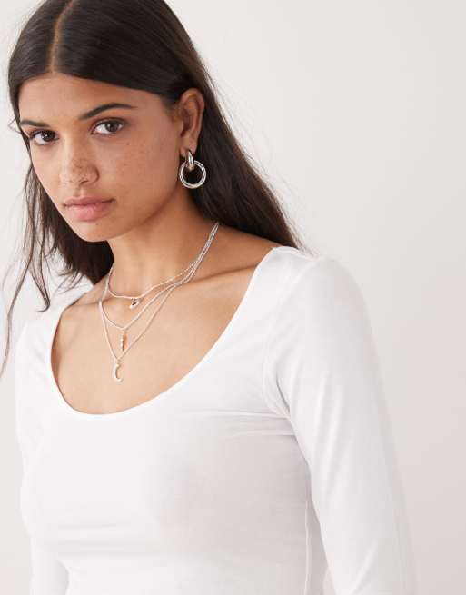 Monki - Langærmet hvid T-shirt i slim fit med dyb rund hals, 4 af 4