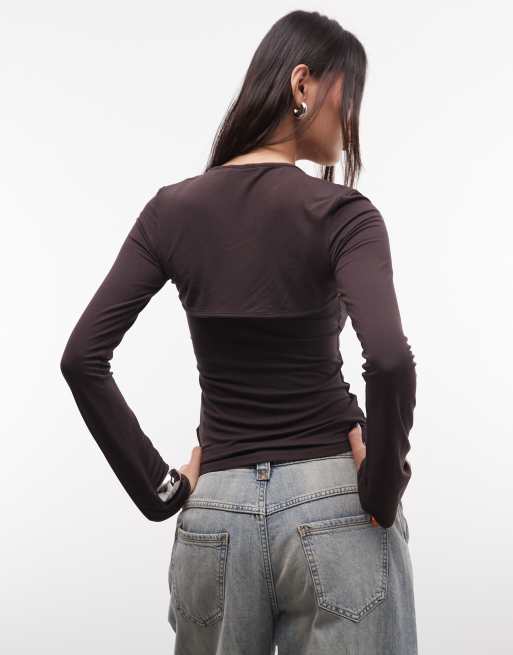 Monki langærmet slim fit bolero-top i mørkebrun, 2 af 4
