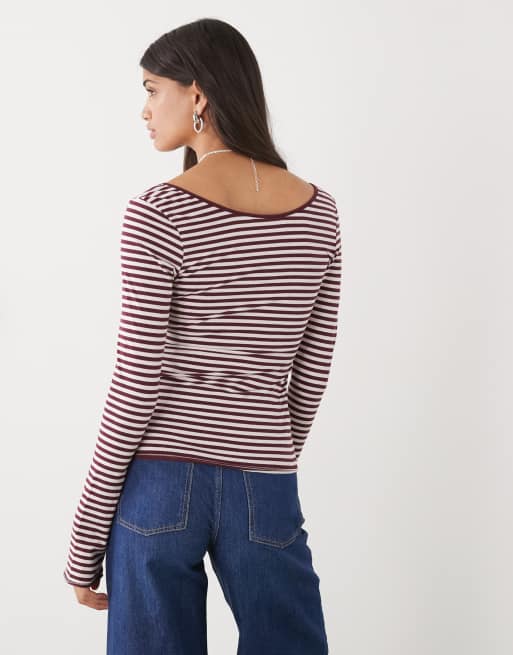 Monki - Langærmet T-shirt i slim fit med dyb rund hals og bordeauxrøde/lyserøde striber, 3 af 4
