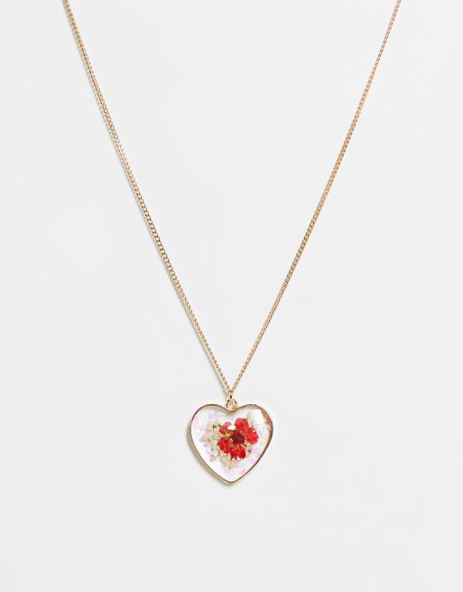 Monki - Laria - Collana color oro con cuore con fiore pressato