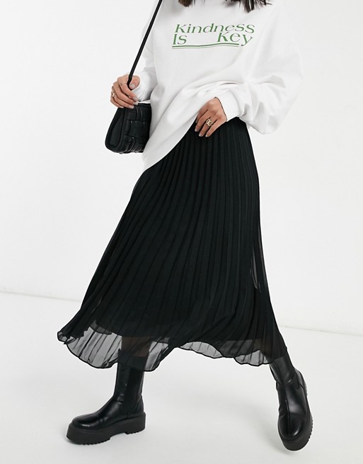 Monki Laura pleated midi skirt in black