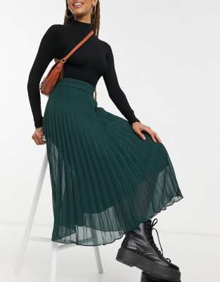 Monki Laura Pleated Midi Skirt In Dark Green ModeSens