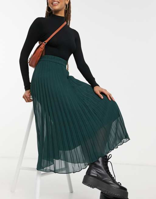 Monki Laura pleated midi skirt in dark green