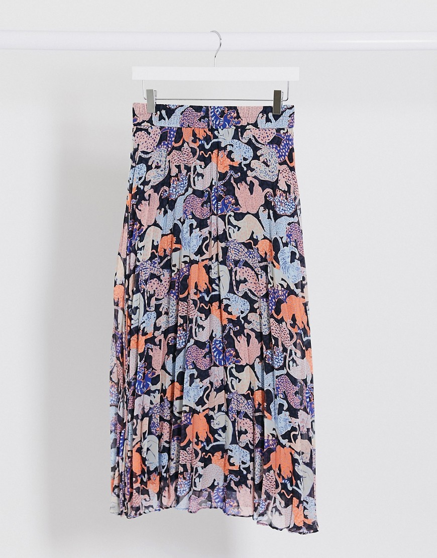 Monki Laura safari print plisse midi skirt in multi