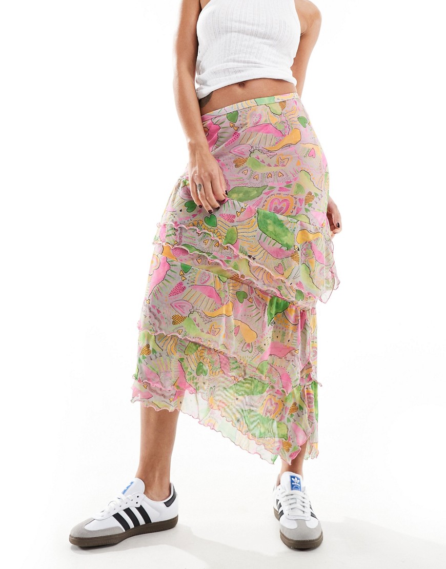 Monki layered ruffle midi skirt in multi pastel hearts