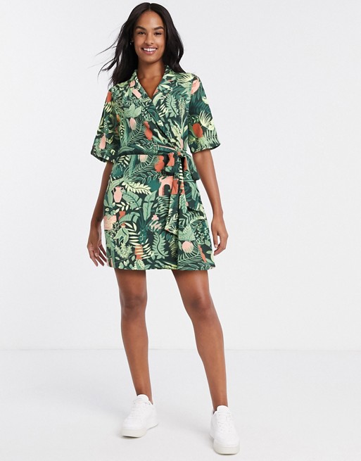 Monki Leah leaves print wrap shirt dress in black and green