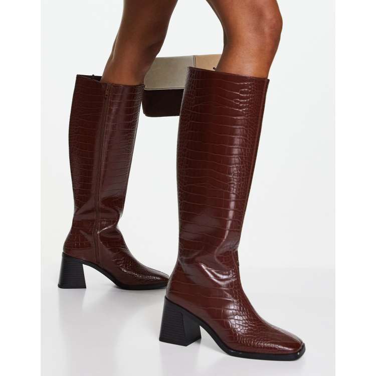 Monki leather knee high heeled croc boots in brown - BROWN