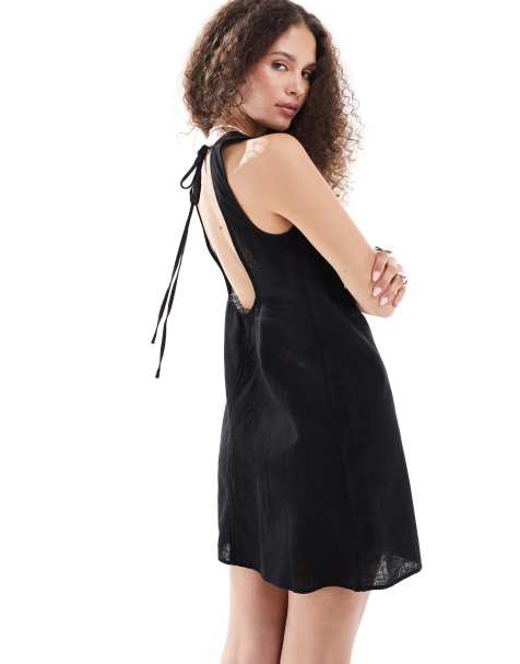 Monki – Leinen-Minikleid in Schwarz mit Rückenausschnitt und Schnürung - view 1