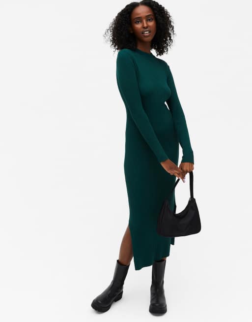 Monki – Lemla – Geripptes, langärmliges Midikleid in Grün