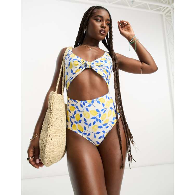 Monki lemon print cut out with front knot swimsuit in yellow